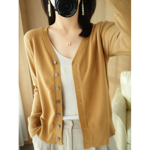 秋冬棗紅針織開衫毛衣女外套寬松韓版V圓領短款打底衫長袖小上衣