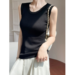 春新款花邊半高領精紡羊毛背心無袖歐根紗拼接吊帶優雅針織打底衫