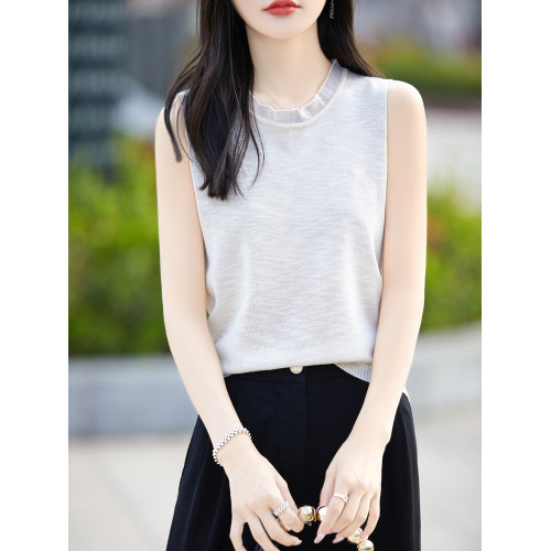 春新款花邊半高領精紡羊毛背心無袖歐根紗拼接吊帶優雅針織打底衫