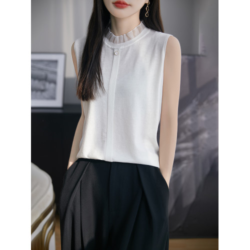 春新款花邊半高領精紡羊毛背心無袖歐根紗拼接吊帶優雅針織打底衫