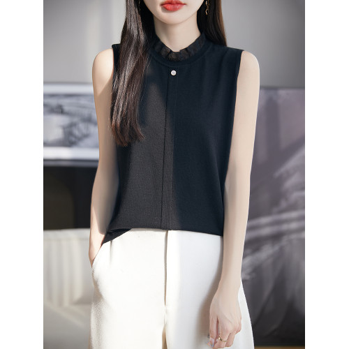 春新款花邊半高領精紡羊毛背心無袖歐根紗拼接吊帶優雅針織打底衫