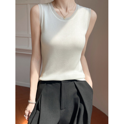 春新款花邊半高領精紡羊毛背心無袖歐根紗拼接吊帶優雅針織打底衫