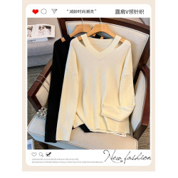 300斤特大碼V領露肩針織打底衫毛衣女秋季200胖mm加肥遮肚240上衣