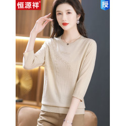 恒源祥春夏七分袖針織衫女洋氣綉花中袖羊毛衫寬松大碼半袖打底衫