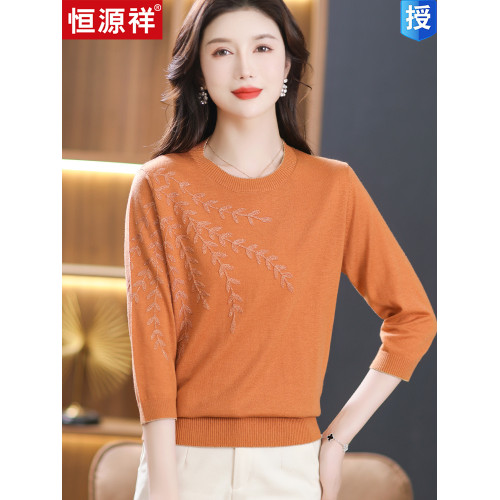 恒源祥春夏七分袖針織衫女洋氣綉花中袖羊毛衫寬松大碼半袖打底衫