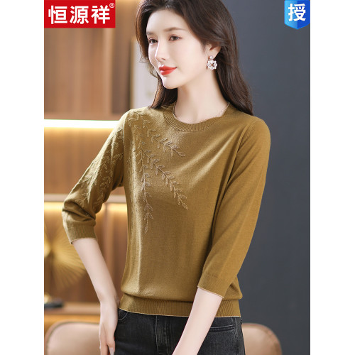 恒源祥春夏七分袖針織衫女洋氣綉花中袖羊毛衫寬松大碼半袖打底衫