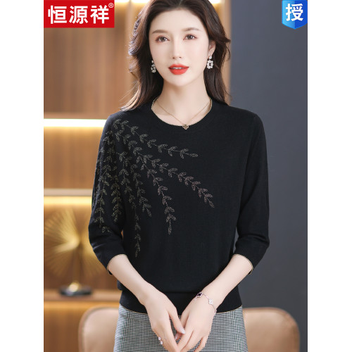 恒源祥春夏七分袖針織衫女洋氣綉花中袖羊毛衫寬松大碼半袖打底衫