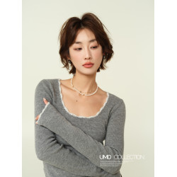 UMD/花邊領撞色設計時髦大圓領修身顯瘦48支羊毛針織內搭打底衫女