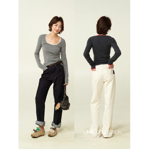 UMD/花邊領撞色設計時髦大圓領修身顯瘦48支羊毛針織內搭打底衫女