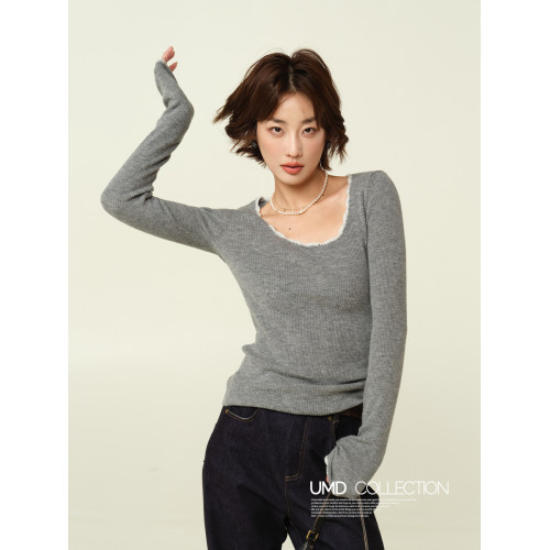UMD/花邊領撞色設計時髦大圓領修身顯瘦48支羊毛針織內搭打底衫女