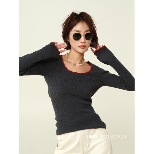 UMD/花邊領撞色設計時髦大圓領修身顯瘦48支羊毛針織內搭打底衫女