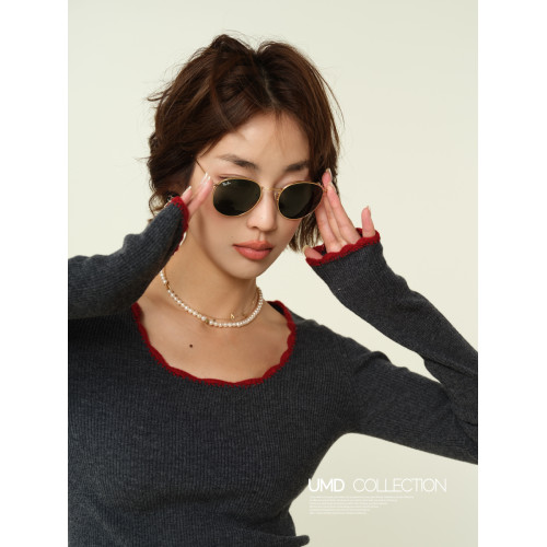 UMD/花邊領撞色設計時髦大圓領修身顯瘦48支羊毛針織內搭打底衫女