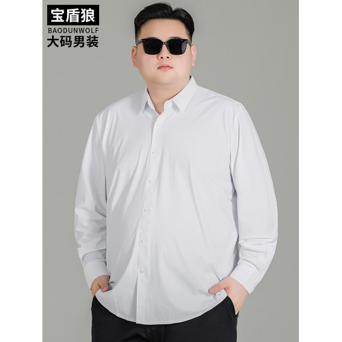 加肥大碼襯衫男純色春季商務裝公務員肥佬寬松高彈長袖襯衣打底衫