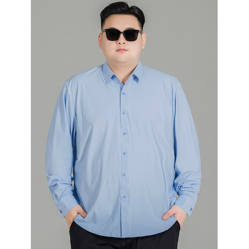 加肥大碼襯衫男純色春季商務裝公務員肥佬寬松高彈長袖襯衣打底衫