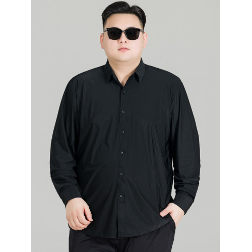 加肥大碼襯衫男純色春季商務裝公務員肥佬寬松高彈長袖襯衣打底衫