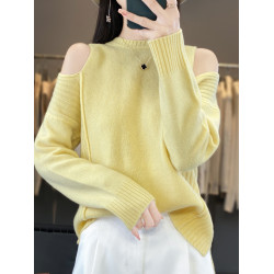 慵懶寬松漏肩羊絨毛衣秋冬新款圓領純色性感上衣羊毛針織打底衫女