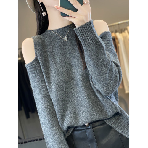 慵懶寬松漏肩羊絨毛衣秋冬新款圓領純色性感上衣羊毛針織打底衫女