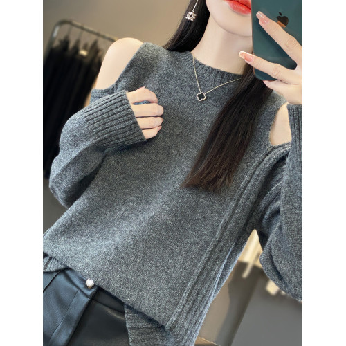 慵懶寬松漏肩羊絨毛衣秋冬新款圓領純色性感上衣羊毛針織打底衫女