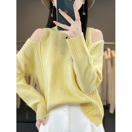 慵懶寬松漏肩羊絨毛衣秋冬新款圓領純色性感上衣羊毛針織打底衫女