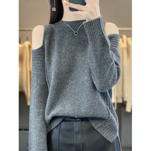 慵懶寬松漏肩羊絨毛衣秋冬新款圓領純色性感上衣羊毛針織打底衫女