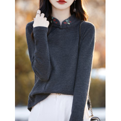 2024新款刺綉德絨新中式打底衫女春秋款內搭國風毛衣外穿長袖上衣