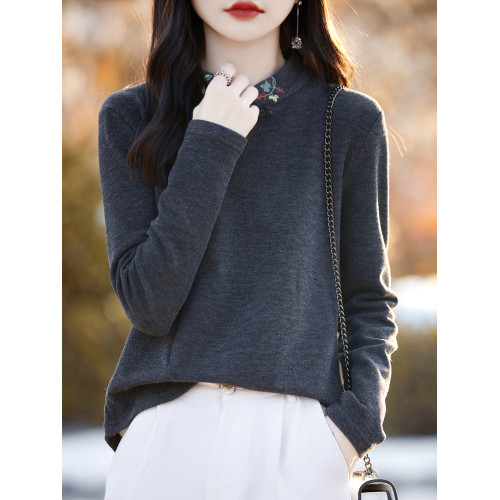 2024新款刺綉德絨新中式打底衫女春秋款內搭國風毛衣外穿長袖上衣