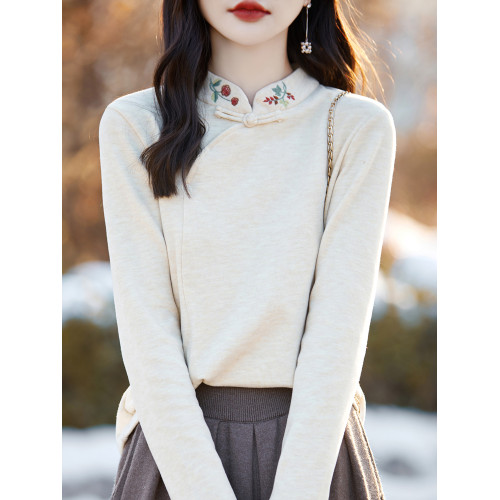 2024新款刺綉德絨新中式打底衫女春秋款內搭國風毛衣外穿長袖上衣