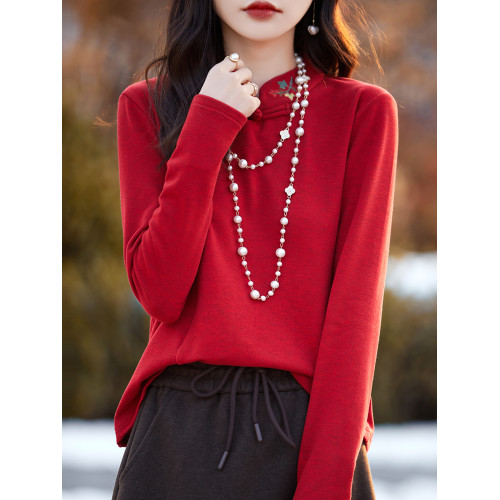 2024新款刺綉德絨新中式打底衫女春秋款內搭國風毛衣外穿長袖上衣