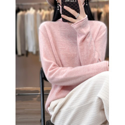 秋冬羊絨衫女堆堆裡領毛衣純色雙層立體帶鑽上衣羊毛針織打底衫