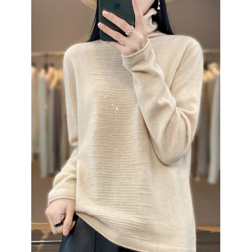 秋冬羊絨衫女堆堆裡領毛衣純色雙層立體帶鑽上衣羊毛針織打底衫