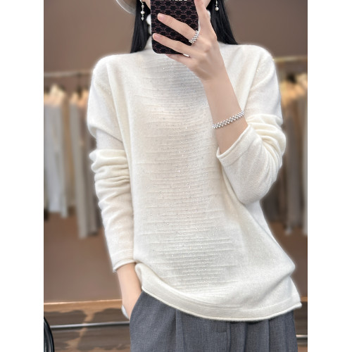 秋冬羊絨衫女堆堆裡領毛衣純色雙層立體帶鑽上衣羊毛針織打底衫