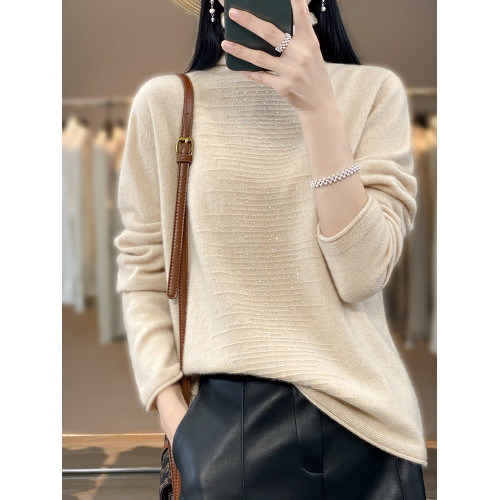 秋冬羊絨衫女堆堆裡領毛衣純色雙層立體帶鑽上衣羊毛針織打底衫