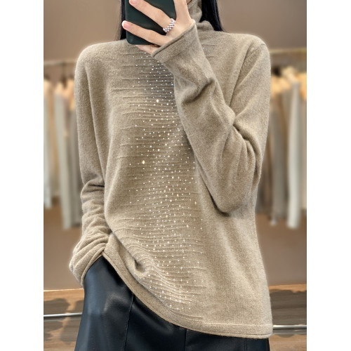 秋冬羊絨衫女堆堆裡領毛衣純色雙層立體帶鑽上衣羊毛針織打底衫