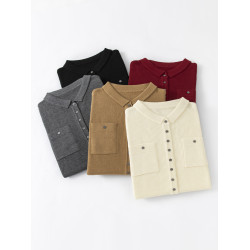 秋冬新款坑條帶兜翻領百搭羊絨毛衣開衫女長袖羊毛針織打底衫外穿