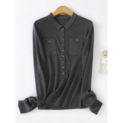 秋冬新款坑條帶兜翻領百搭羊絨毛衣開衫女長袖羊毛針織打底衫外穿