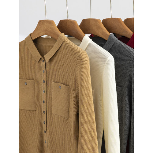 秋冬新款坑條帶兜翻領百搭羊絨毛衣開衫女長袖羊毛針織打底衫外穿