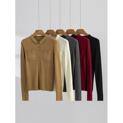 秋冬新款坑條帶兜翻領百搭羊絨毛衣開衫女長袖羊毛針織打底衫外穿