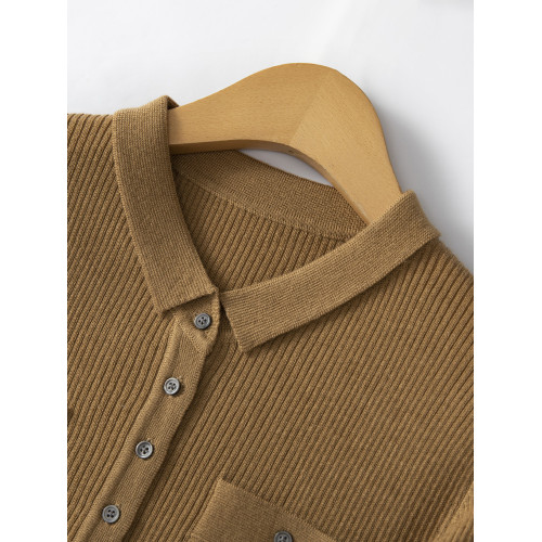 秋冬新款坑條帶兜翻領百搭羊絨毛衣開衫女長袖羊毛針織打底衫外穿