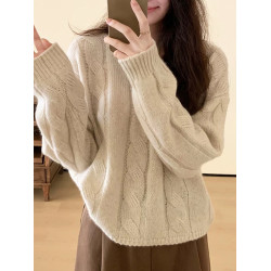 加厚保暖麻花套頭羊絨毛衣女秋冬新款V領慵懶寬松羊毛針織打底衫