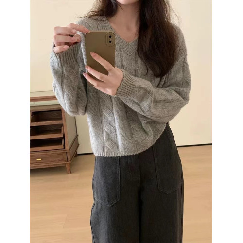 加厚保暖麻花套頭羊絨毛衣女秋冬新款V領慵懶寬松羊毛針織打底衫