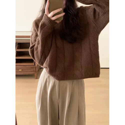 加厚保暖麻花套頭羊絨毛衣女秋冬新款V領慵懶寬松羊毛針織打底衫