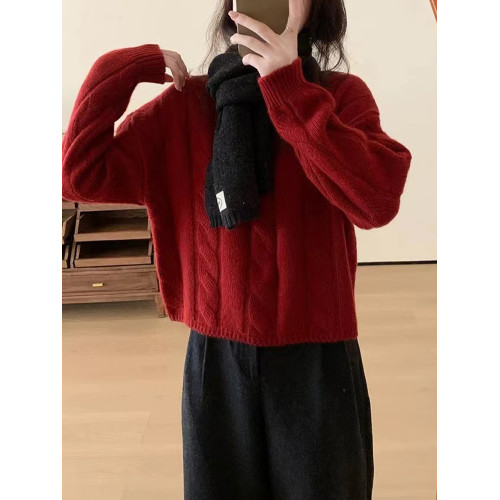 加厚保暖麻花套頭羊絨毛衣女秋冬新款V領慵懶寬松羊毛針織打底衫