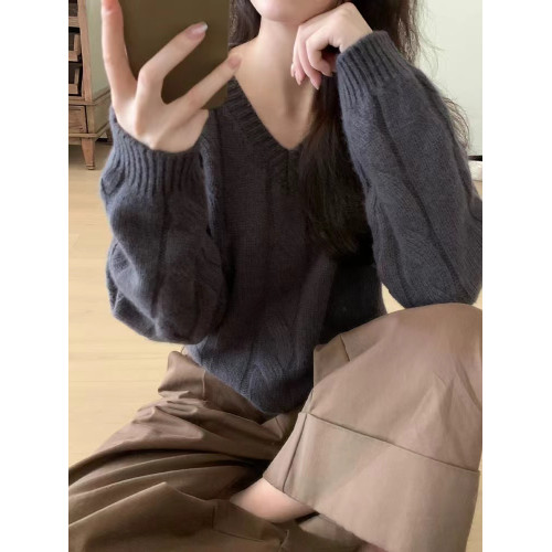 加厚保暖麻花套頭羊絨毛衣女秋冬新款V領慵懶寬松羊毛針織打底衫