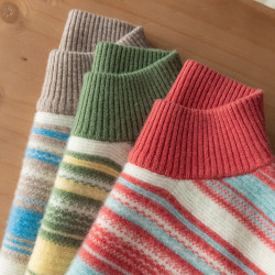 秋冬新款半高領羊絨衫女套頭毛衣長袖條紋簡約保暖針織打底衫