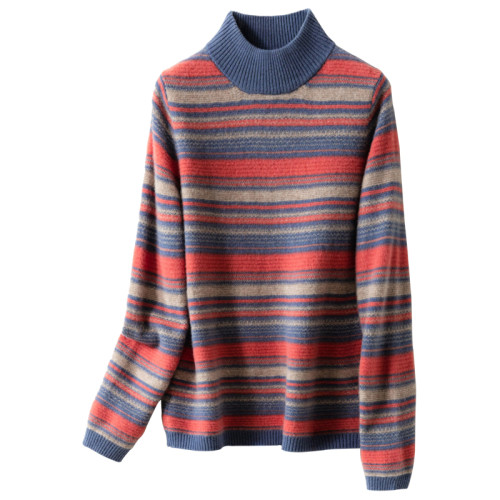 秋冬新款半高領羊絨衫女套頭毛衣長袖條紋簡約保暖針織打底衫