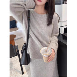 圓領套頭慵懶寬松百搭羊絨毛衣女秋冬新款休閒純色羊毛針織打底衫