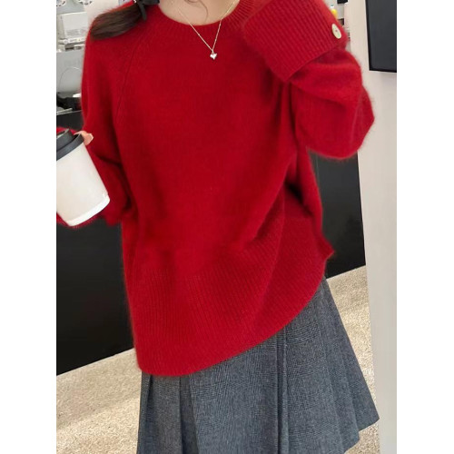 圓領套頭慵懶寬松百搭羊絨毛衣女秋冬新款休閒純色羊毛針織打底衫