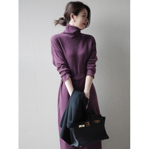 秋冬羊絨衫女高領毛衣中長款連衣裙套頭純色寬松羊毛針織打底衫