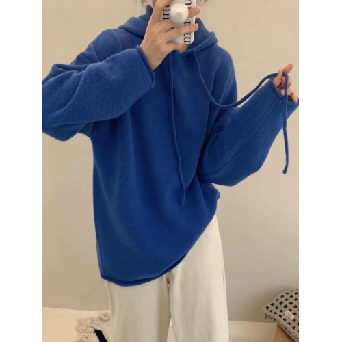 秋冬新款連帽套頭長袖羊毛針織打底衫女百搭慵懶寬松羊絨毛衣帽衫