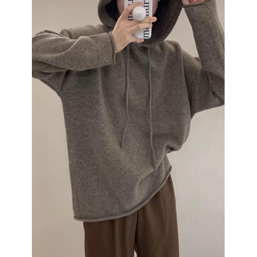 秋冬新款連帽套頭長袖羊毛針織打底衫女百搭慵懶寬松羊絨毛衣帽衫